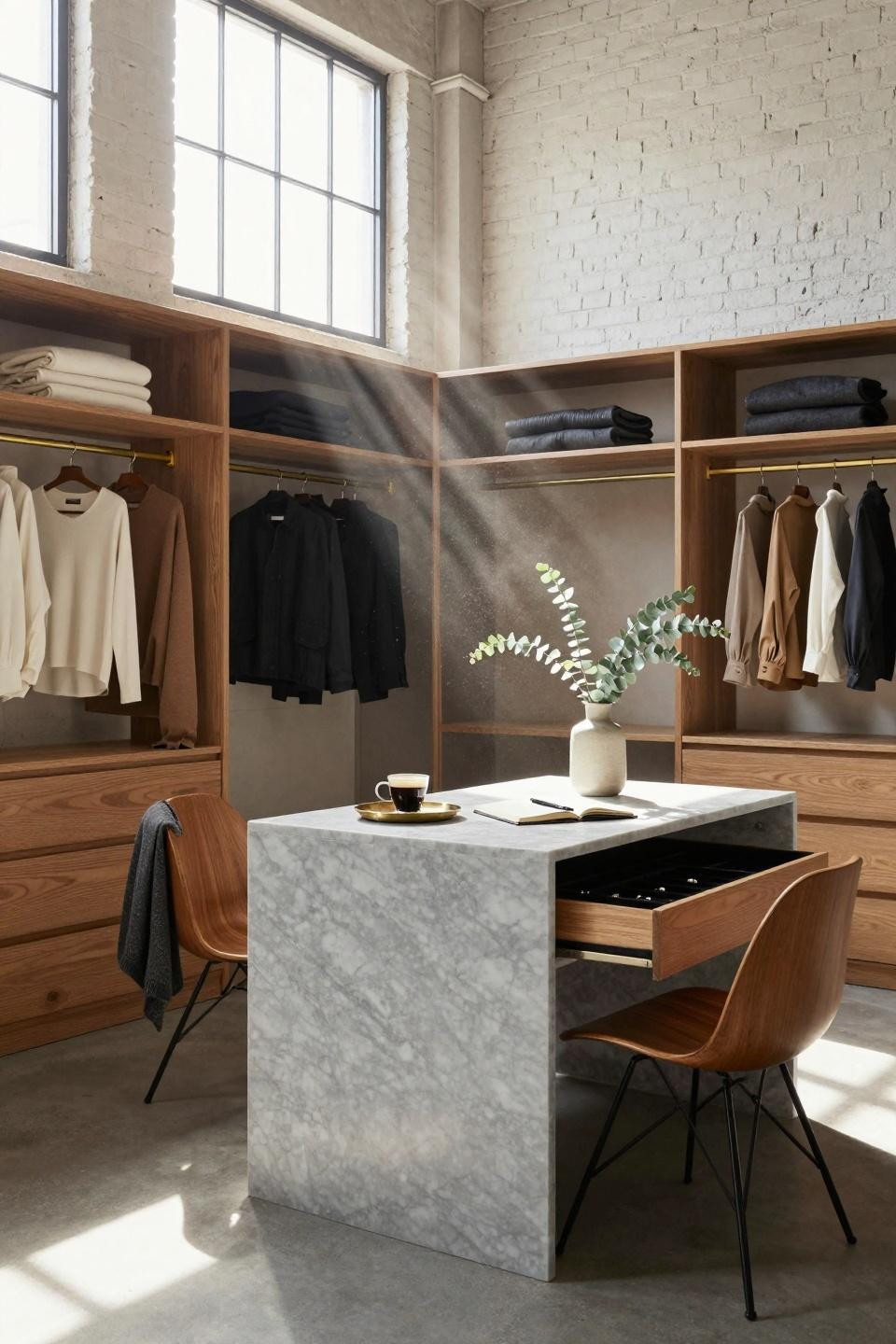 Master closet design in Copenhagen warehouse with concrete floors