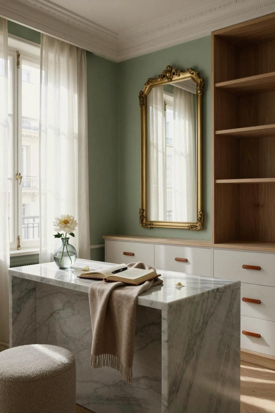 Master closet design with sage green cabinetry and marble island