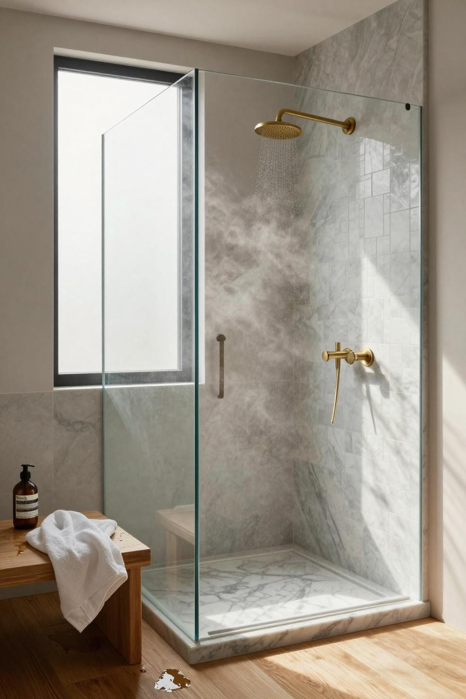 Master Bathrooms With Walk In Showers - minimal shower with teak bench and limestone