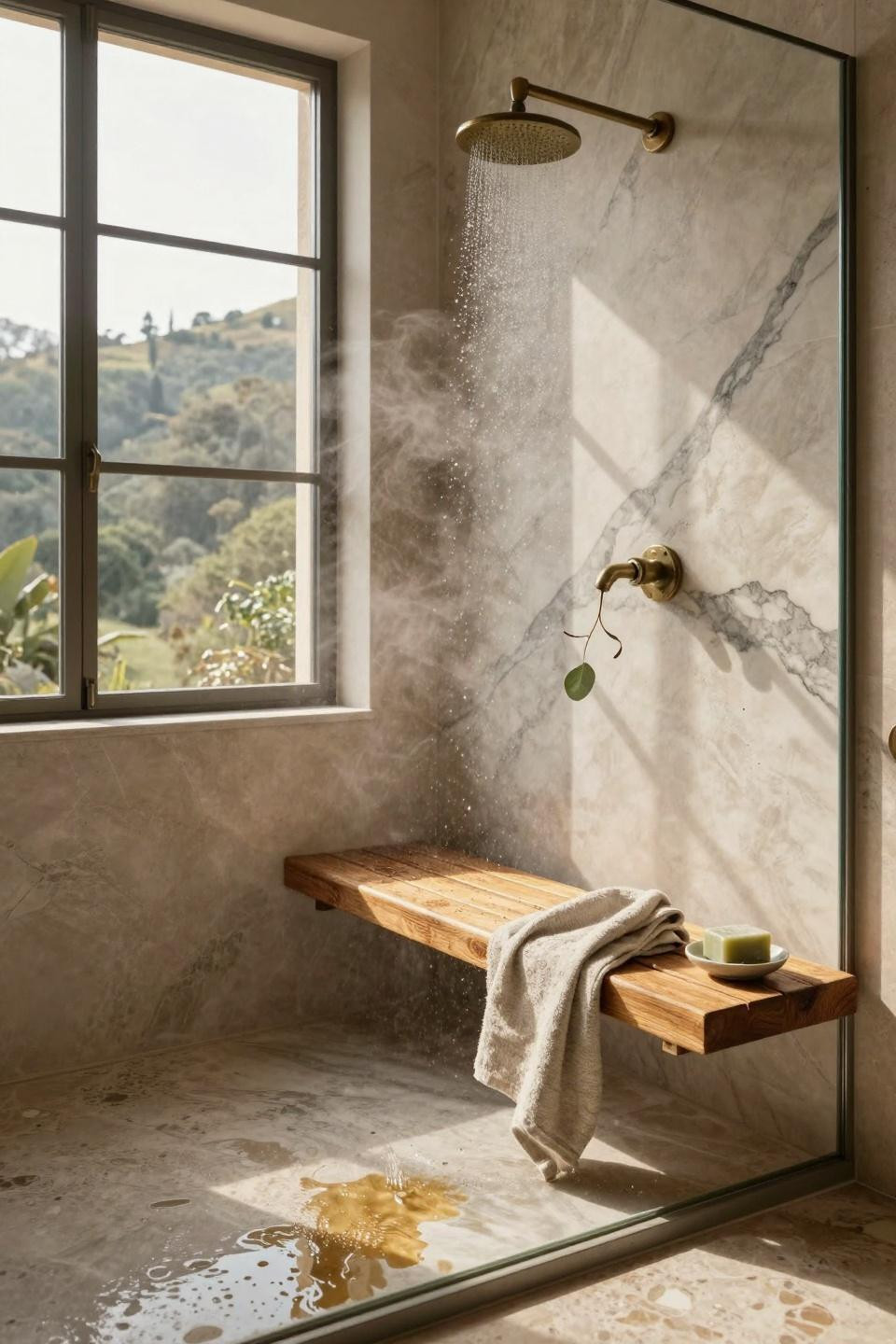 Master Bathrooms With Walk In Showers - large shower with marble wall and wood flooring