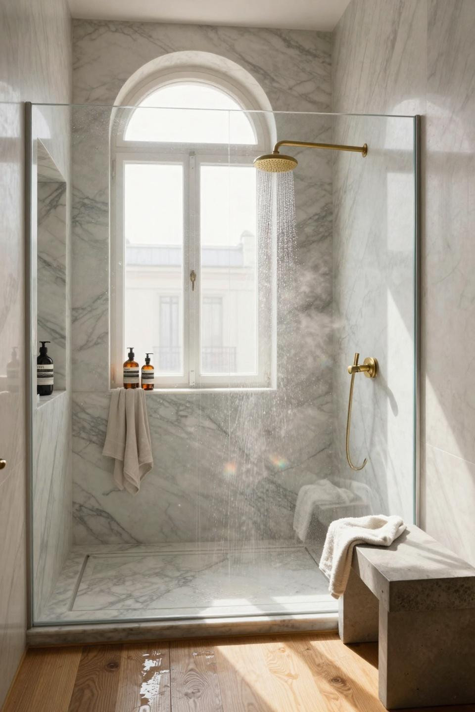 Master Bathrooms With Walk In Showers - large shower with carved marble walls and tall windows