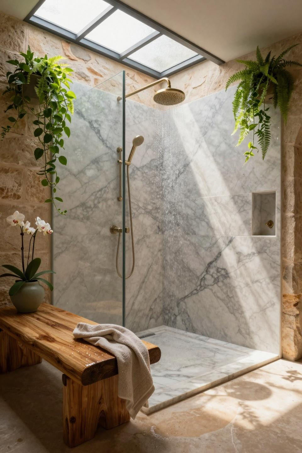Master Bathrooms With Walk In Showers - open shower with hanging plants and concrete floor