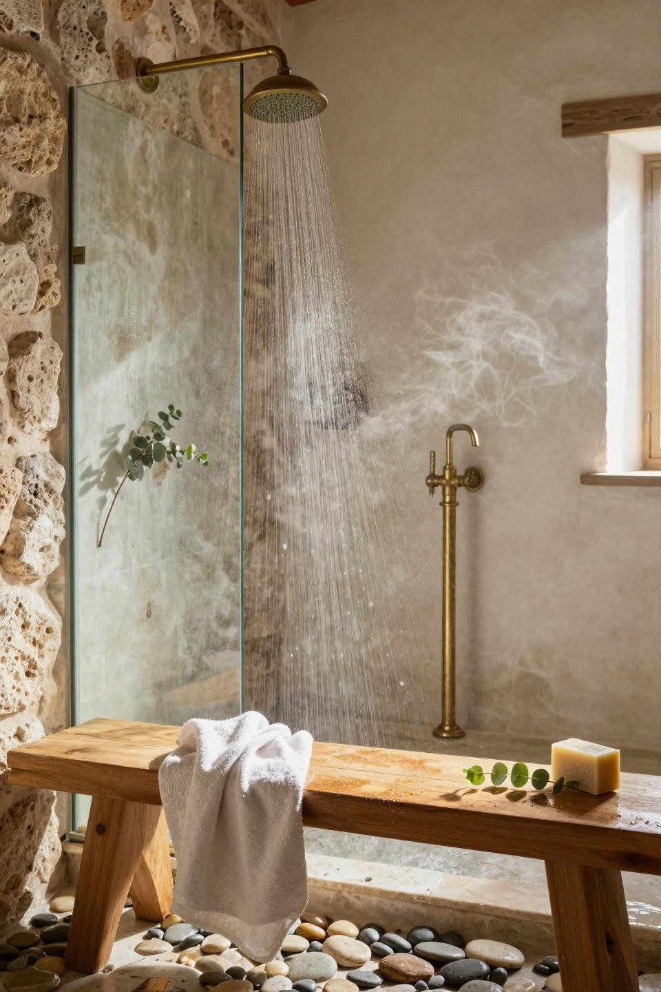 Master Bathrooms With Walk In Showers - doorless shower with stone floor and wood bench