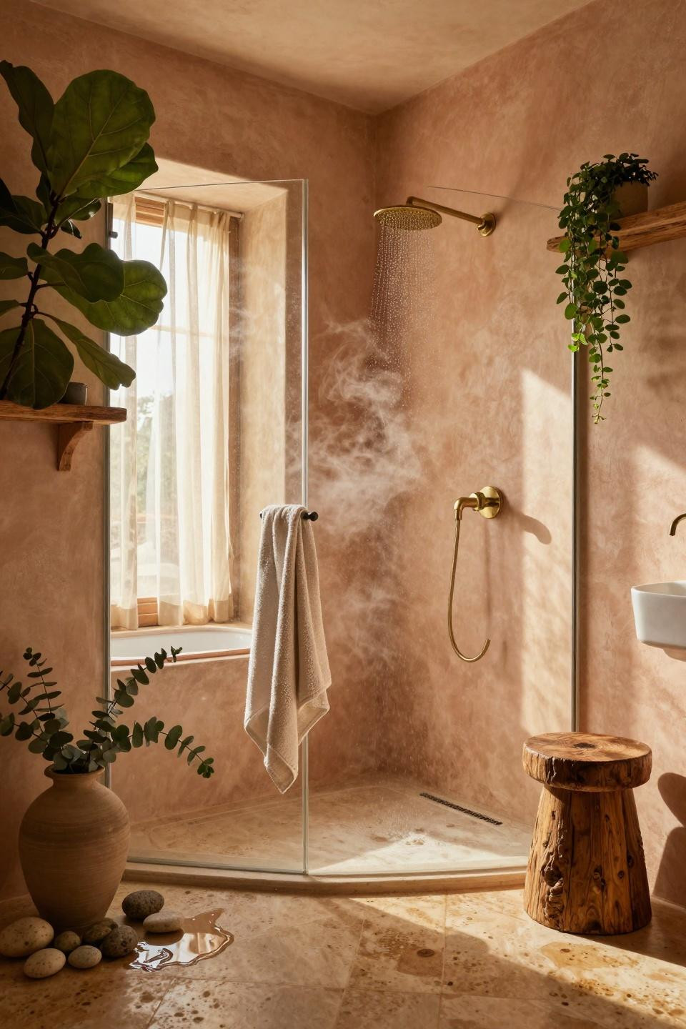 Master Bathrooms With Walk In Showers - open shower with plaster walls and plants