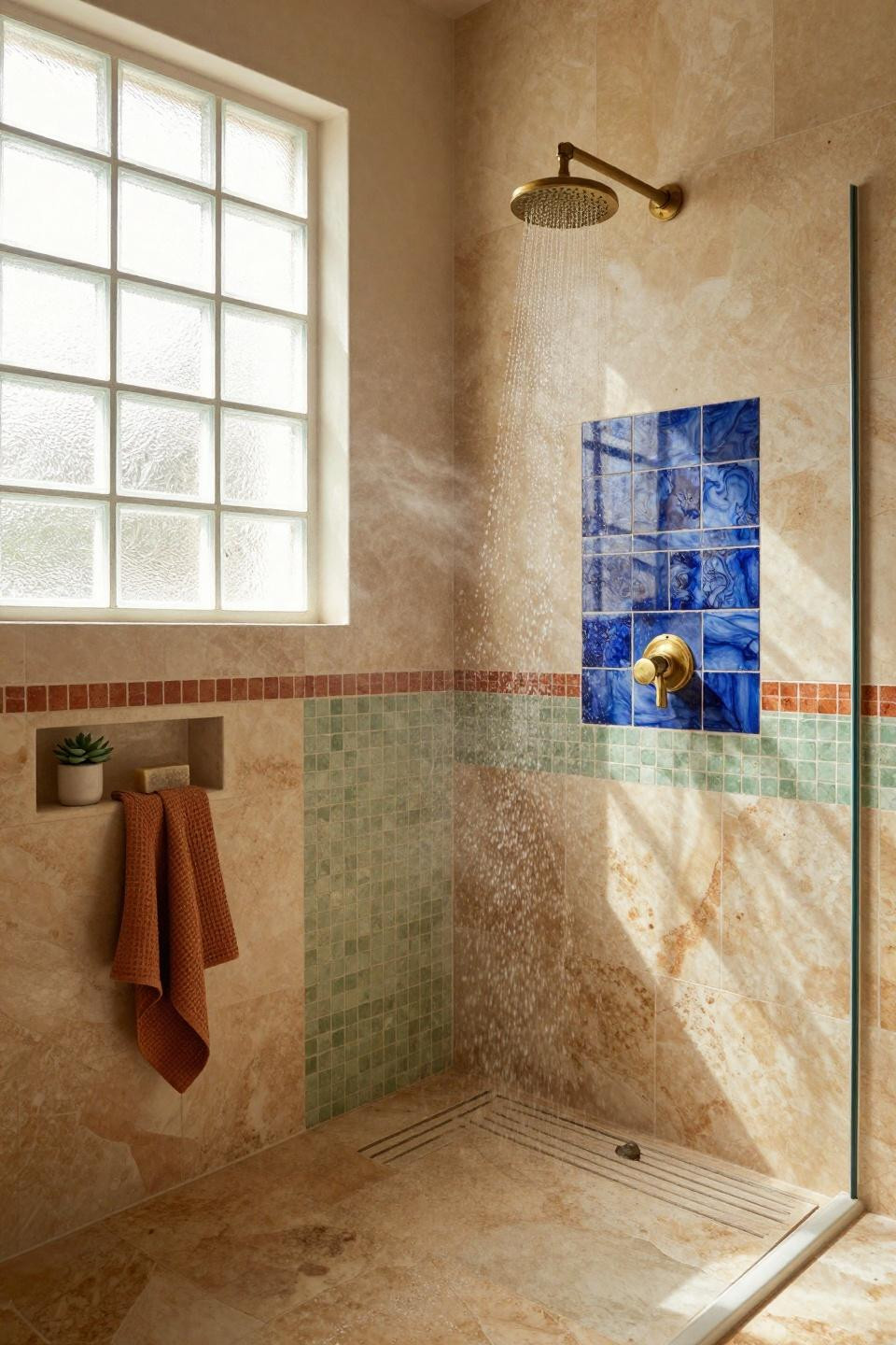Master Shower Ideas - Mediterranean bathroom with colorful tile details