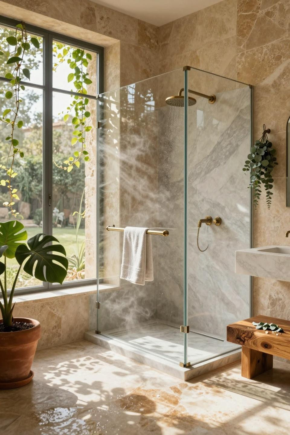 Master Shower Ideas - Tuscan stone bathroom with greenery