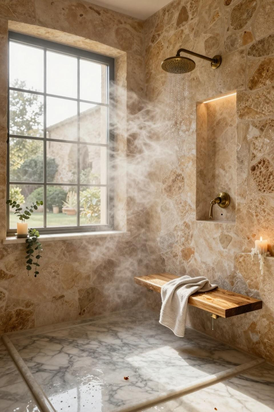 Master Bathrooms With Walk In Showers - expansive doorless shower with stone walls and candle
