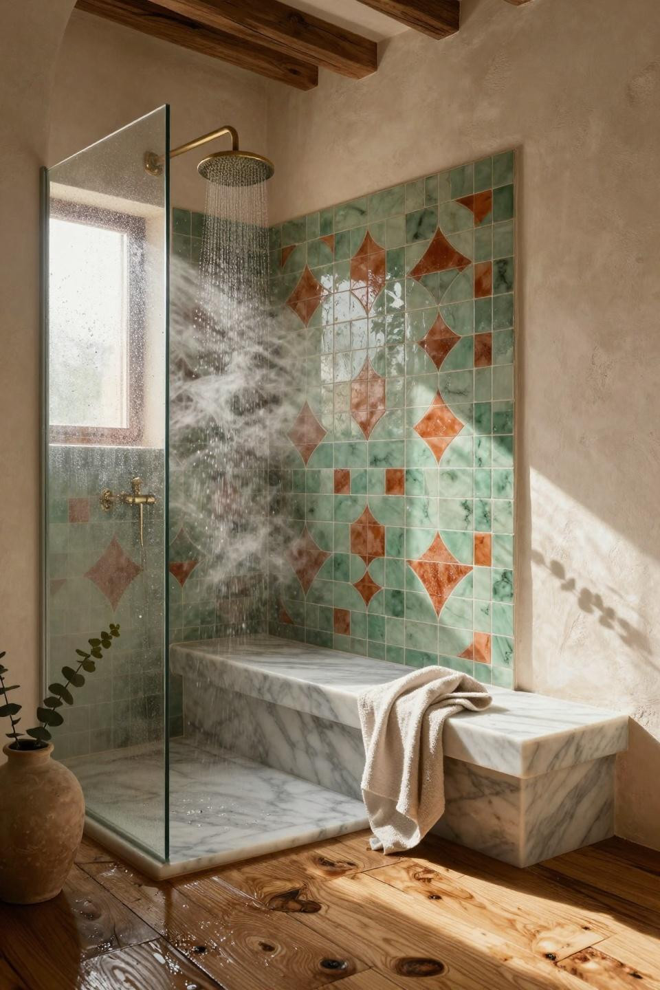 Master Bathrooms With Walk In Showers - doorless walk through shower with zellige tile