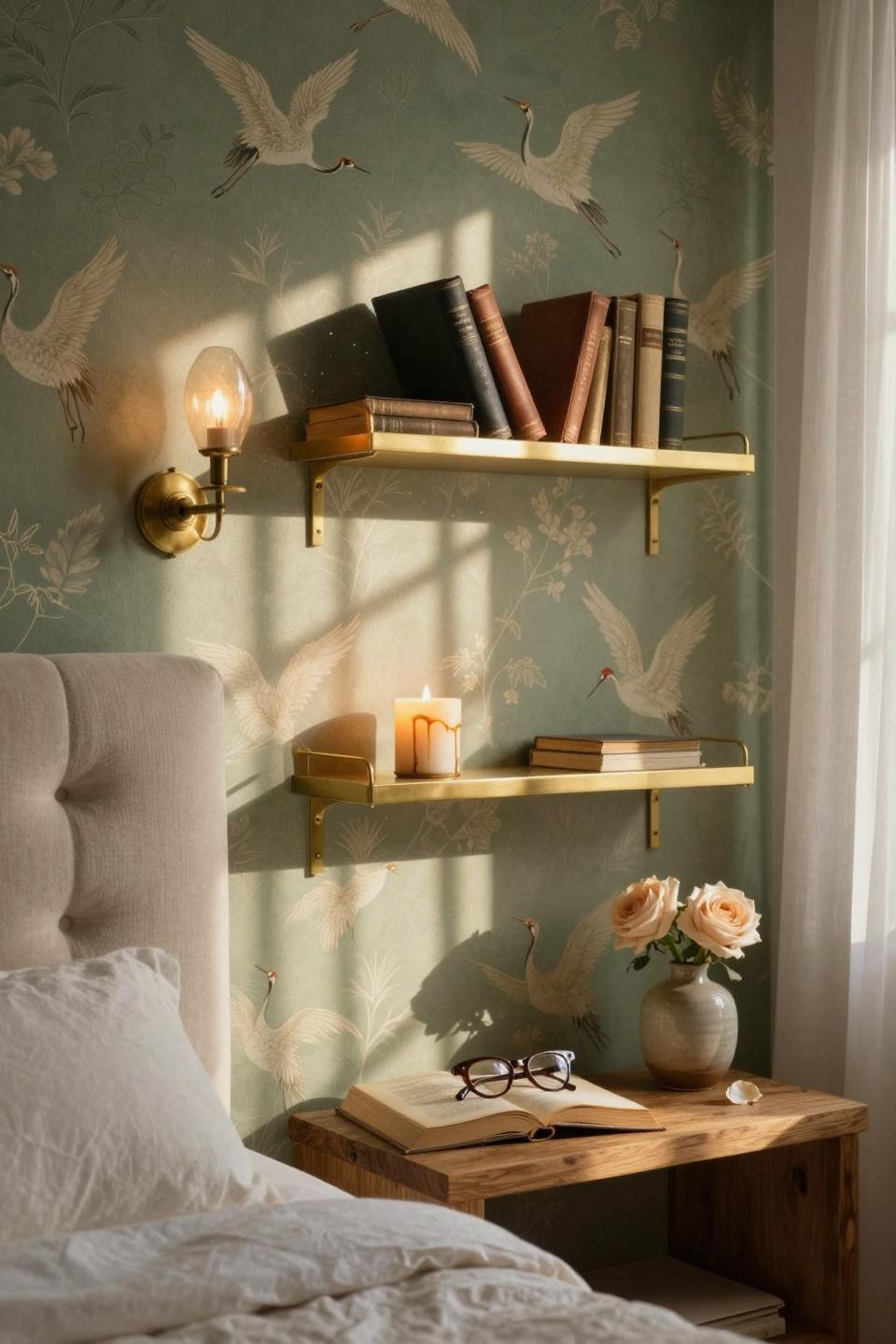 Master Bedrooms With Accent Wall - sage wallpaper with golden crane pattern