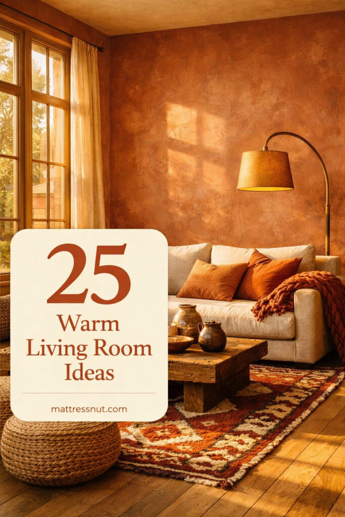 Cozy living room featuring terracotta orange walls, cream sofa, wooden coffee table, woven textiles, and warm afternoon sunlight