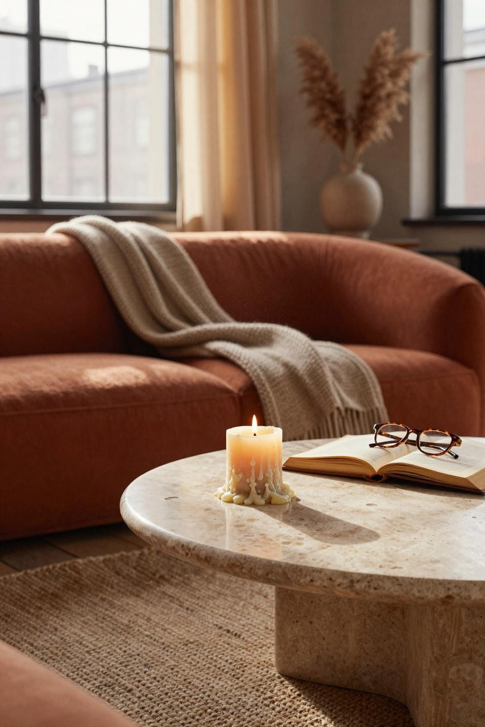 Warm Earthy Living Room with travertine coffee table and beeswax candle