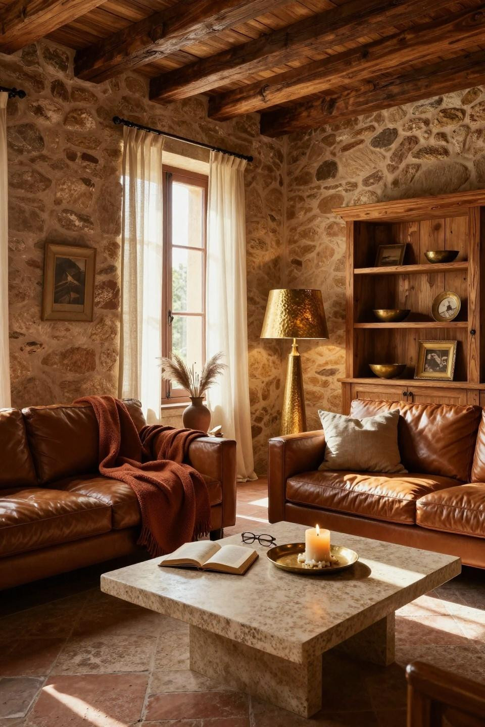 Warm Earthy Living Room with hand-forged brass lamp and buttery leather