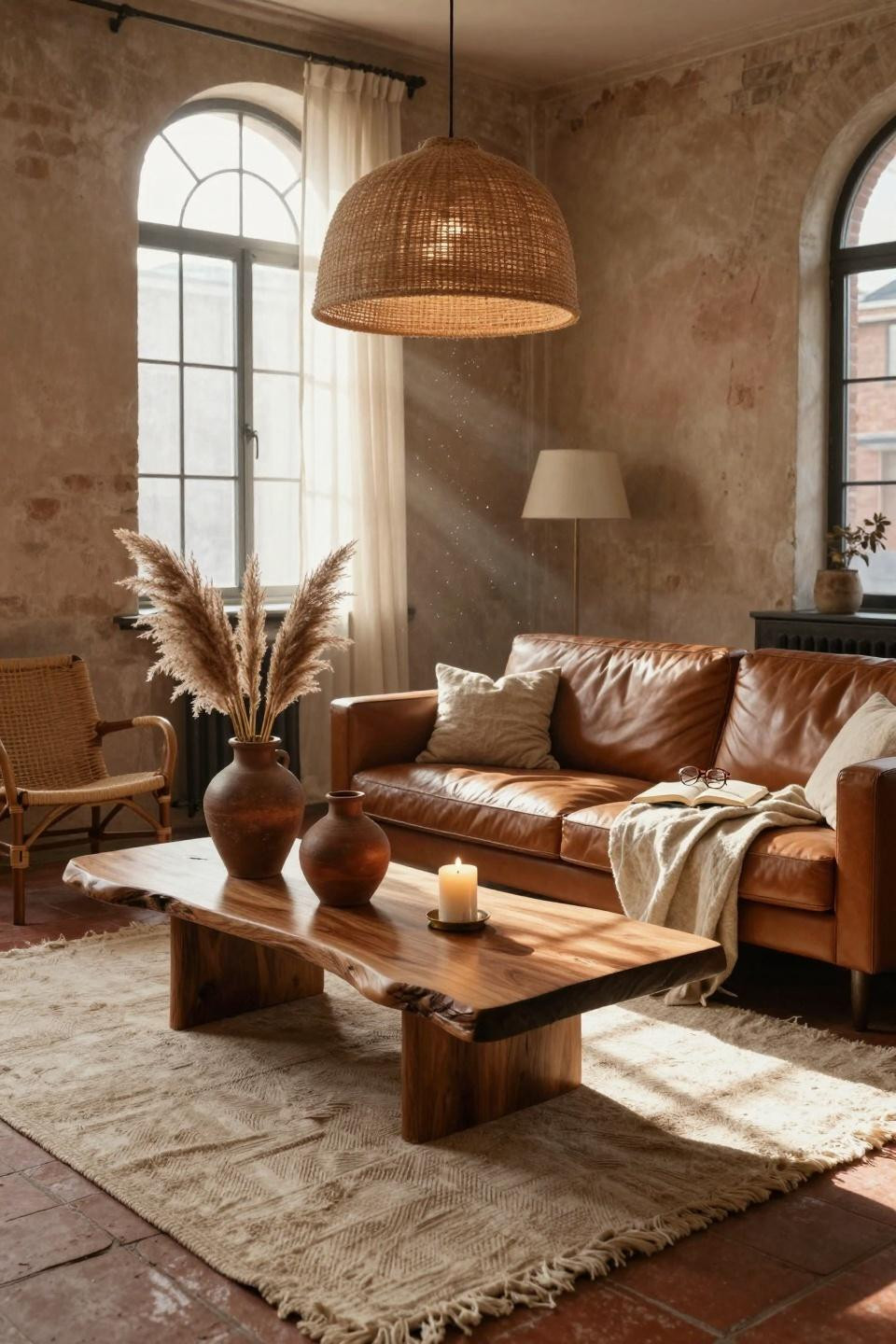 Warm Earthy Living Room with rattan pendant and thick Berber rug