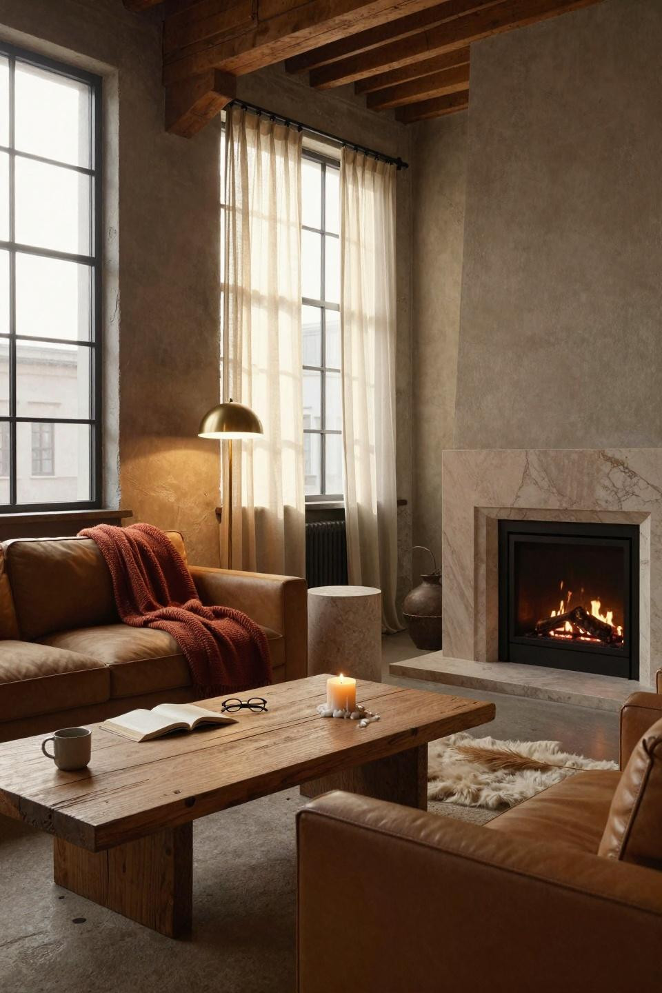 Warm Earthy Living Room with jute pendant and low-slung vintage leather