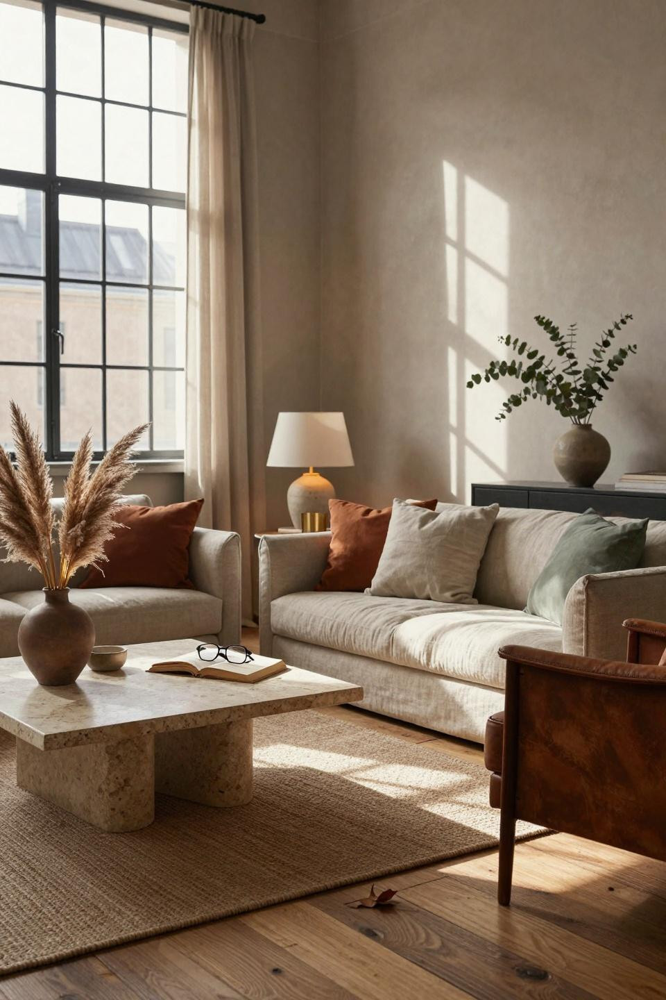Warm Earthy Living Room with travertine table and cognac leather chairs