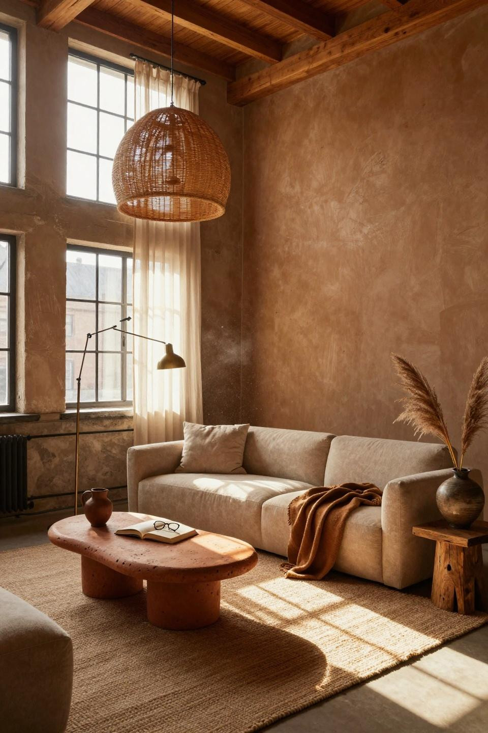 Warm Earthy Living Room with sculpted terracotta table and bouclé sofa