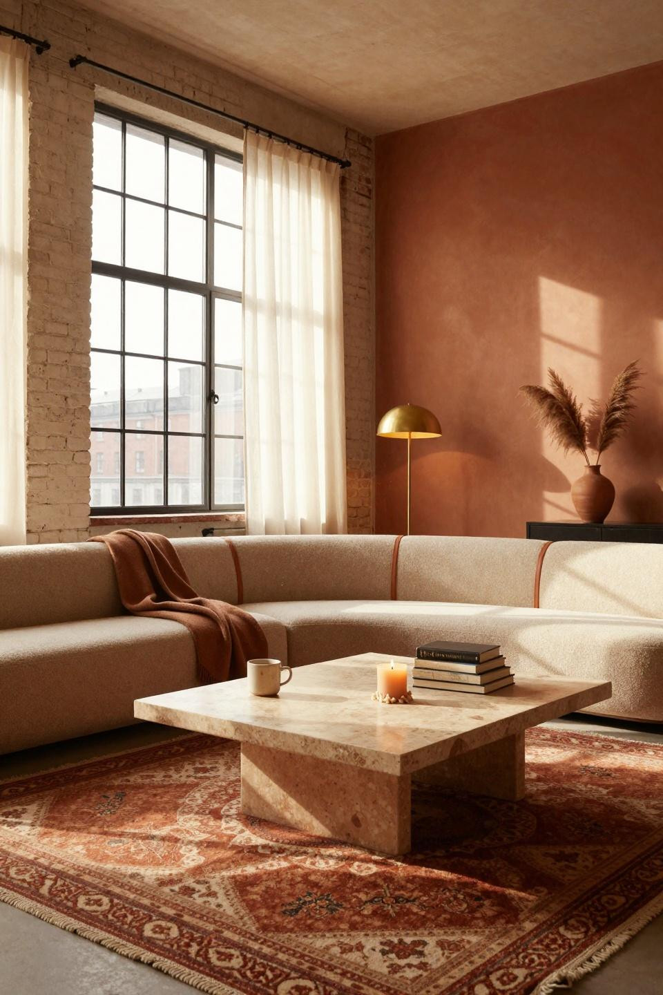 Warm Earthy Living Room with whitewashed brick and travertine table