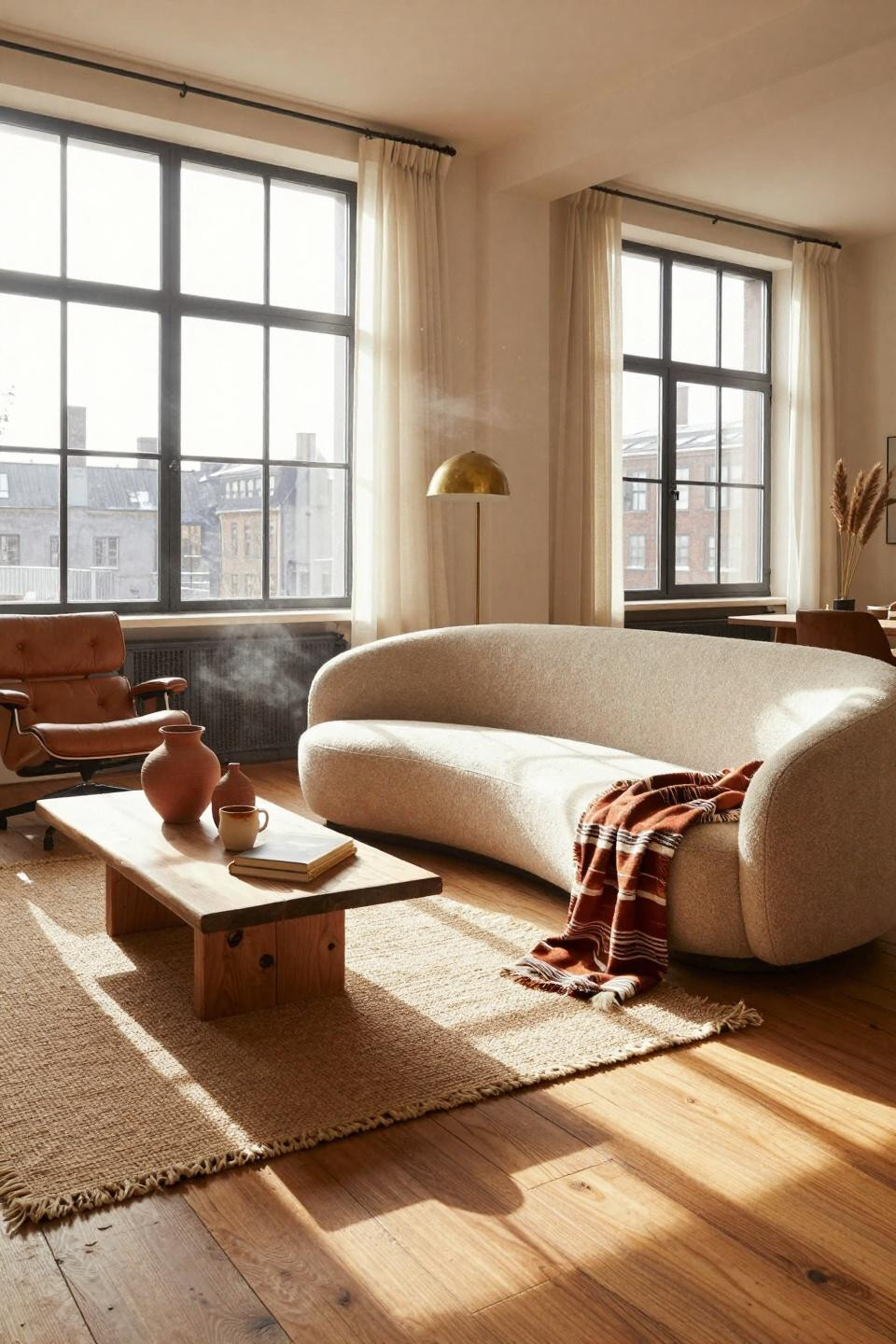 Warm Earthy Living Room with steel windows and sculptural sofa