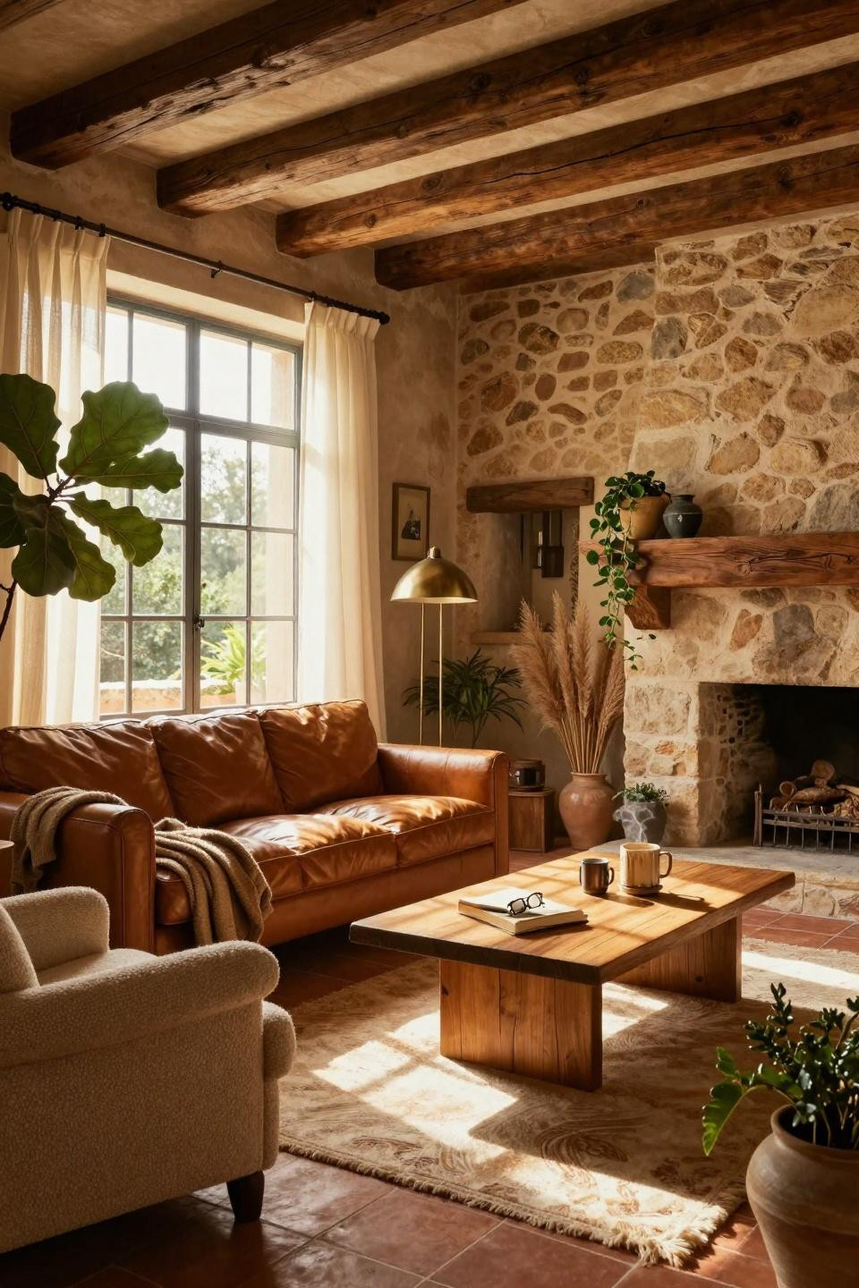 Warm Earthy Living Room with reclaimed wood mantel and cognac leather