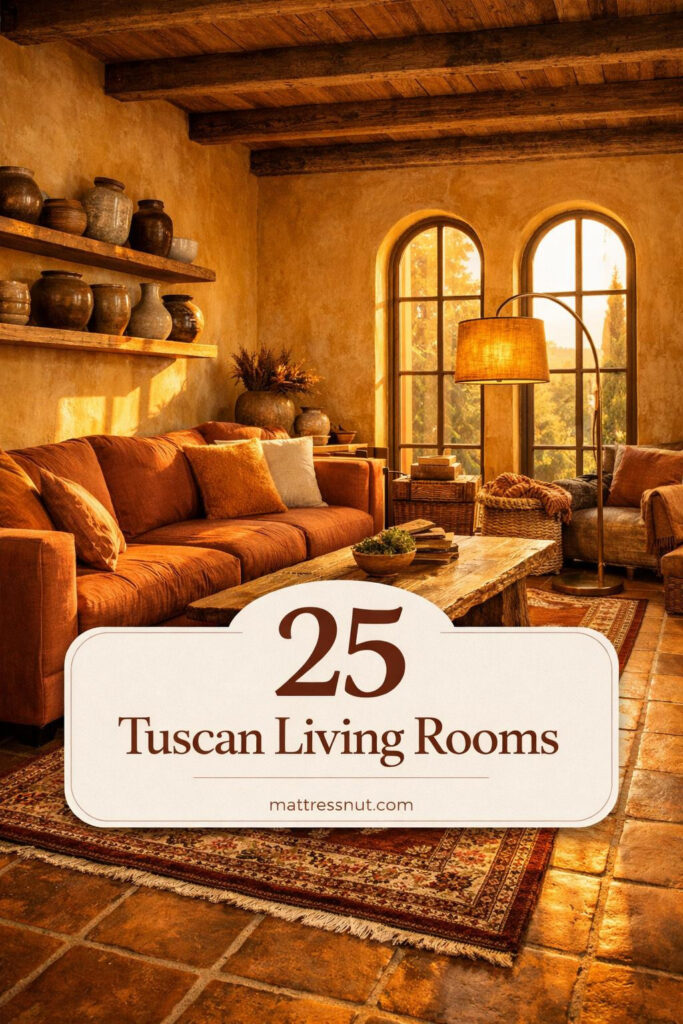 Sunlit living room featuring terracotta tones, natural wood furniture, cream textiles, and rustic Tuscan-inspired decor