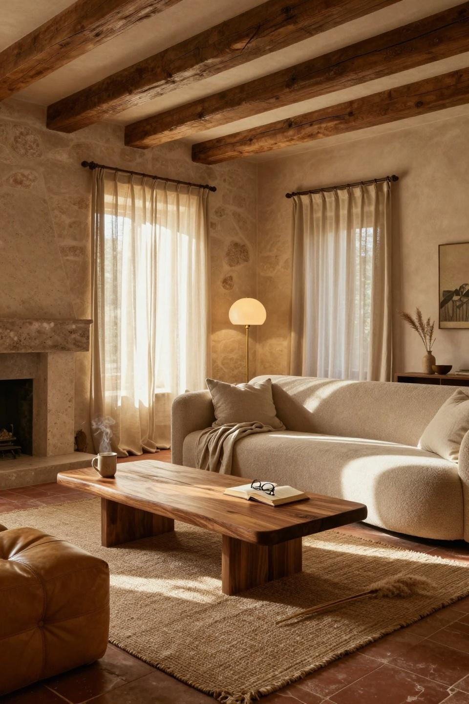 Warm Earthy Living Room with vaulted ceilings and walnut table