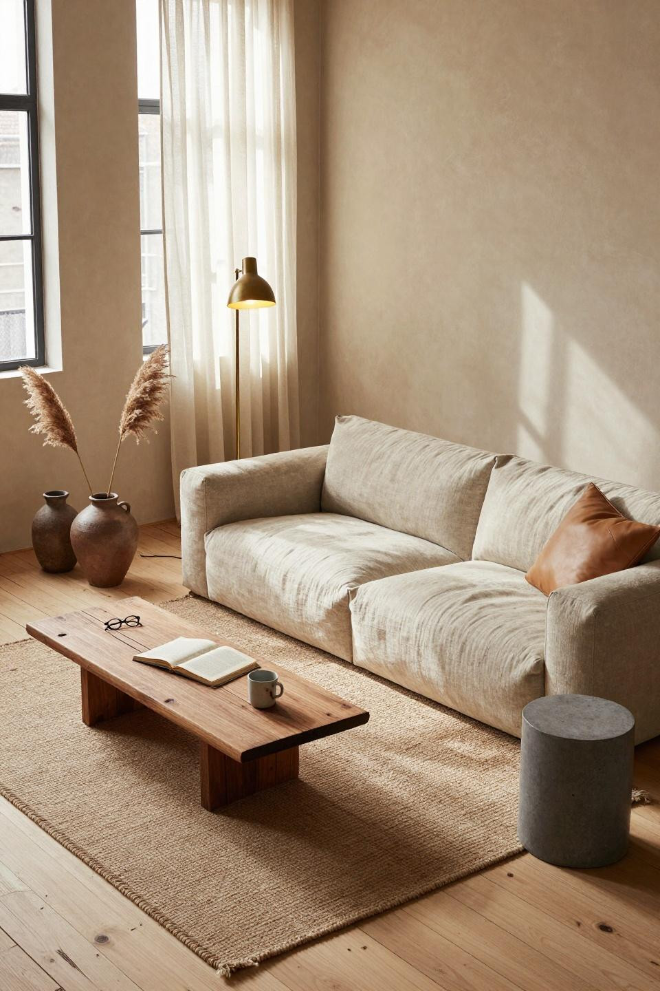 Warm Earthy Living Room with lime plaster and linen sofa