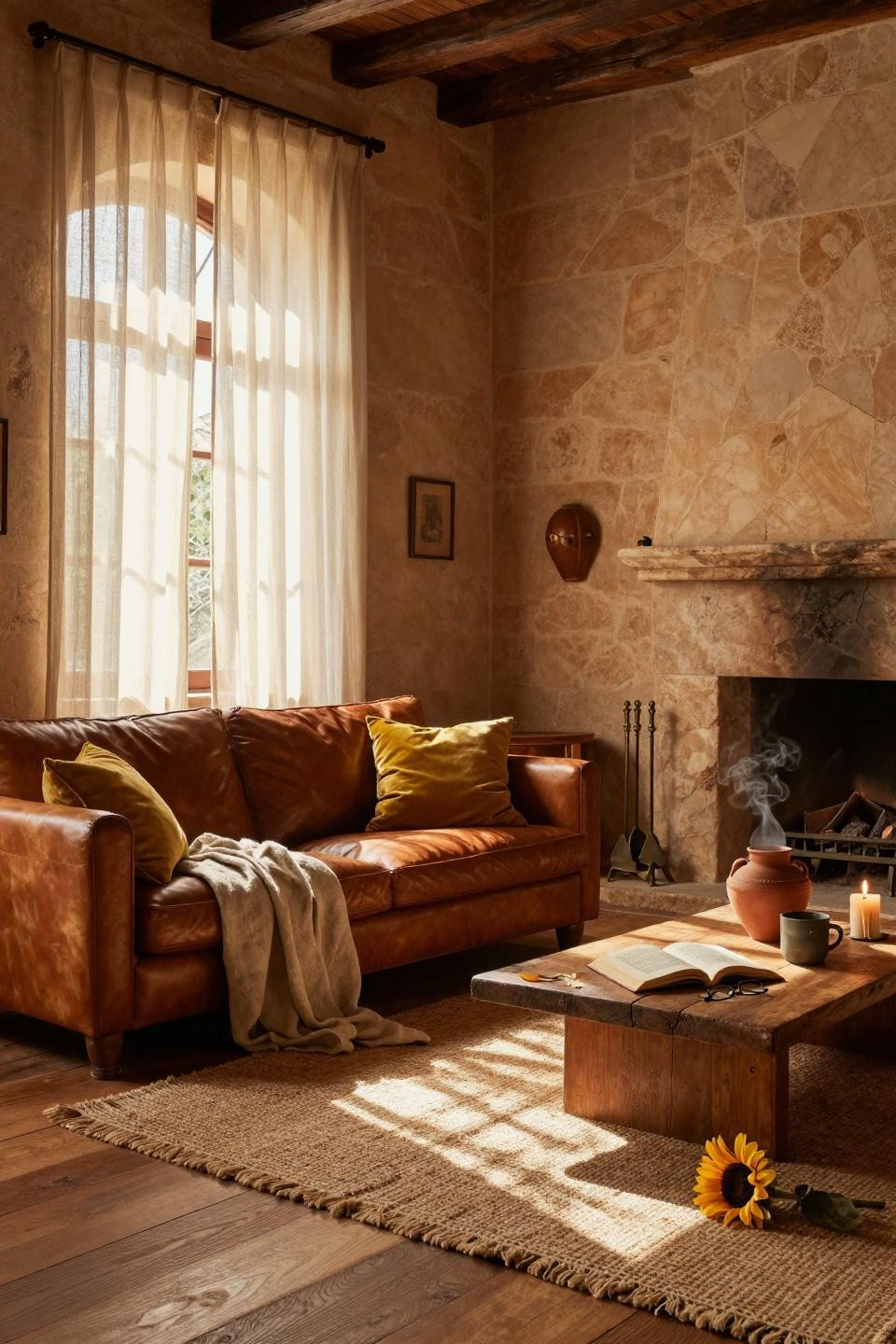 Warm Earthy Living Room with arched windows and cognac leather