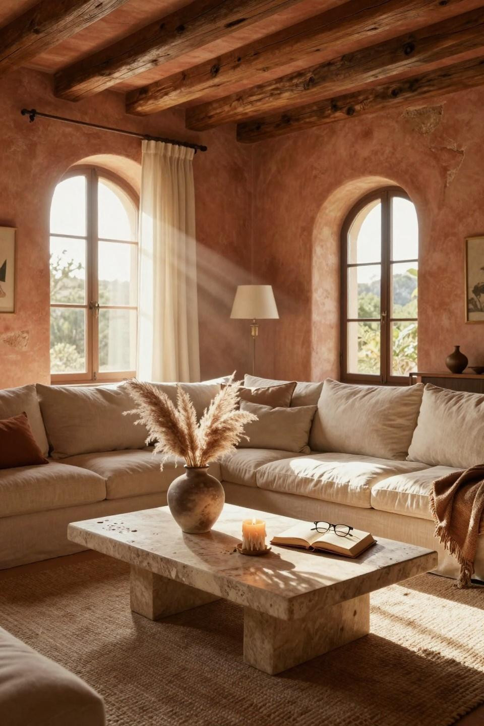 Warm Earthy Living Room with hand-plastered ochre walls and travertine table