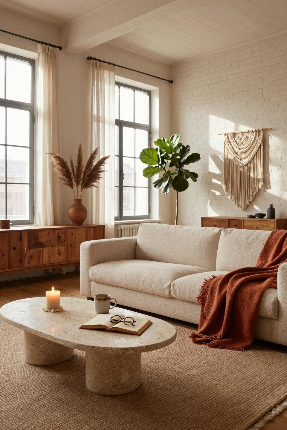 Warm Earthy Living Room with sculptural travertine and boucle sofa