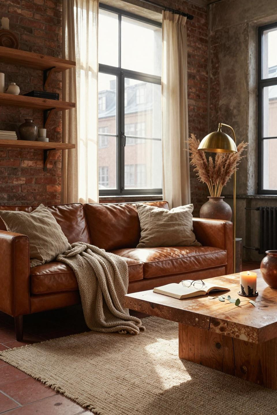 Warm Earthy Living Room with cognac leather sofa and jute rug