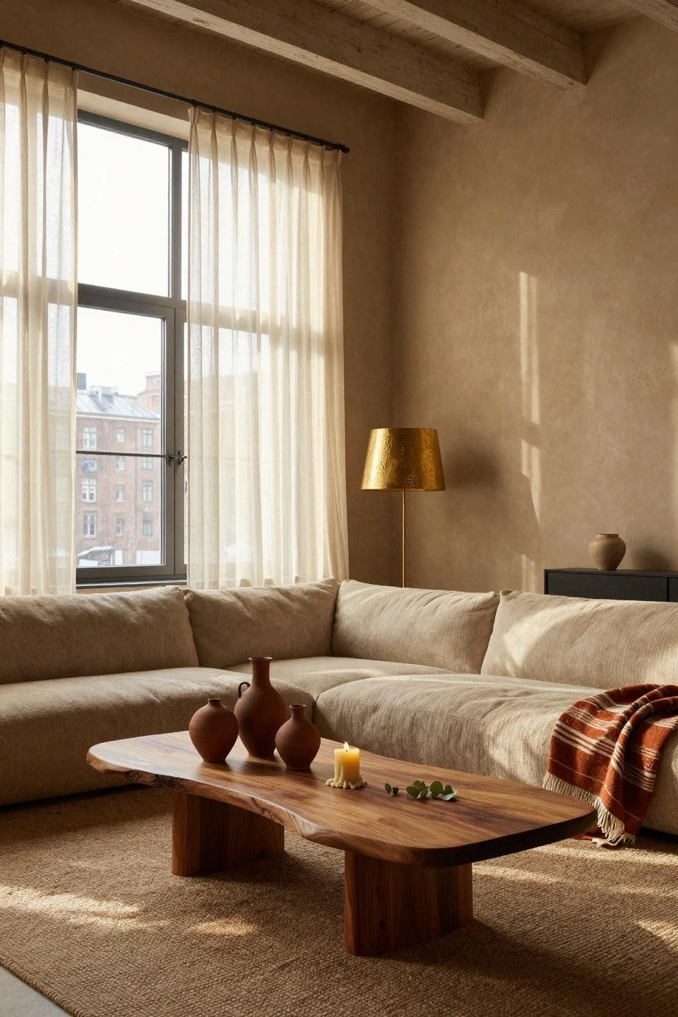 Warm Earthy Living Room with live-edge walnut table and clay vessels