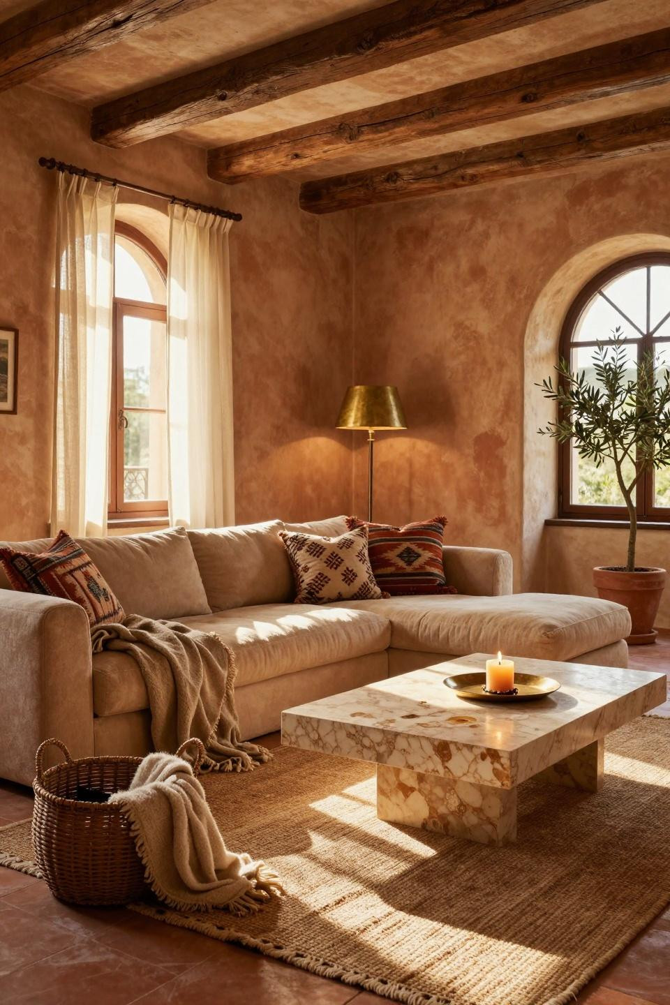 Warm Earthy Living Room with vaulted ceilings and jute rugs