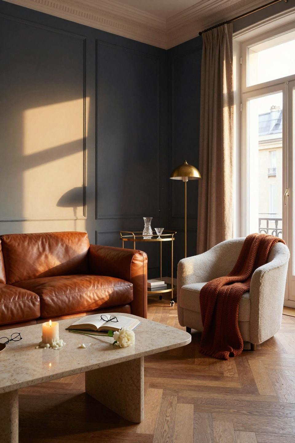Living Room Paint Color Ideas - warm greige and navy with cognac leather