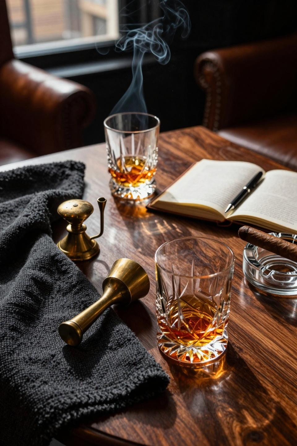 Whiskey lounge home bar top with crystal decanters
