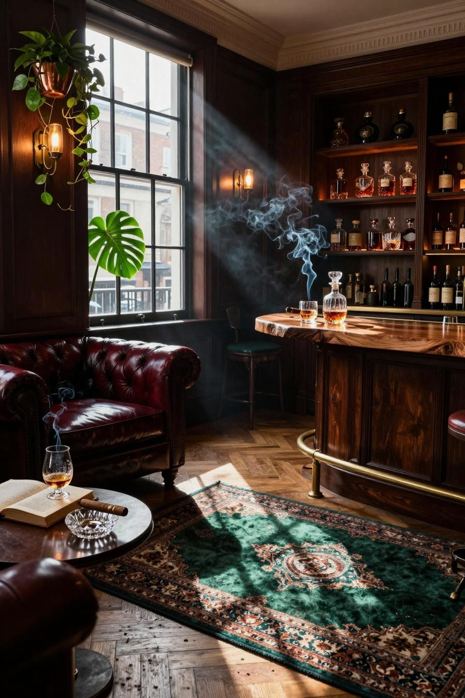 Whiskey lounge home with mahogany shelving and leather seating