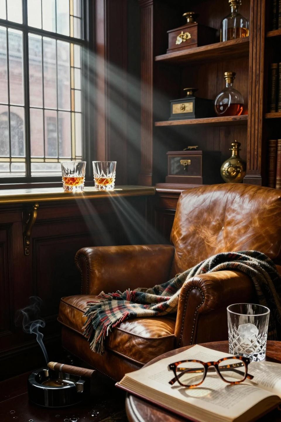 Speakeasy room ideas with mahogany details and tartan textile