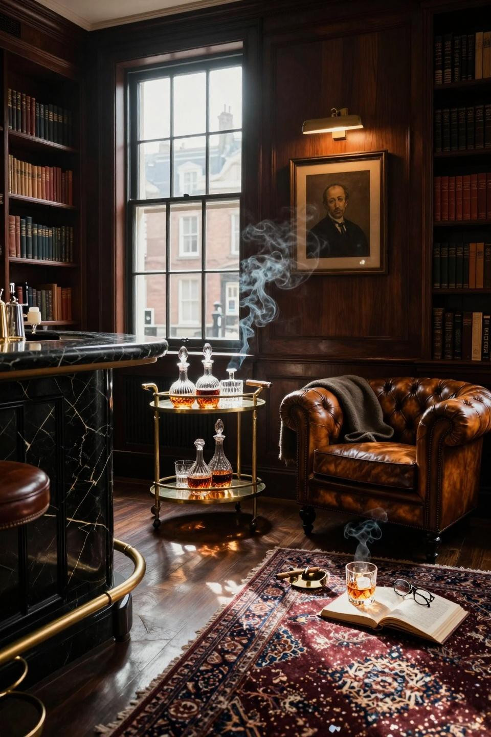 Whiskey lounge home library with marble bar