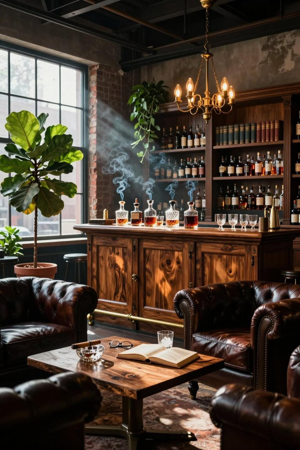 Whiskey lounge home overhead view with plants