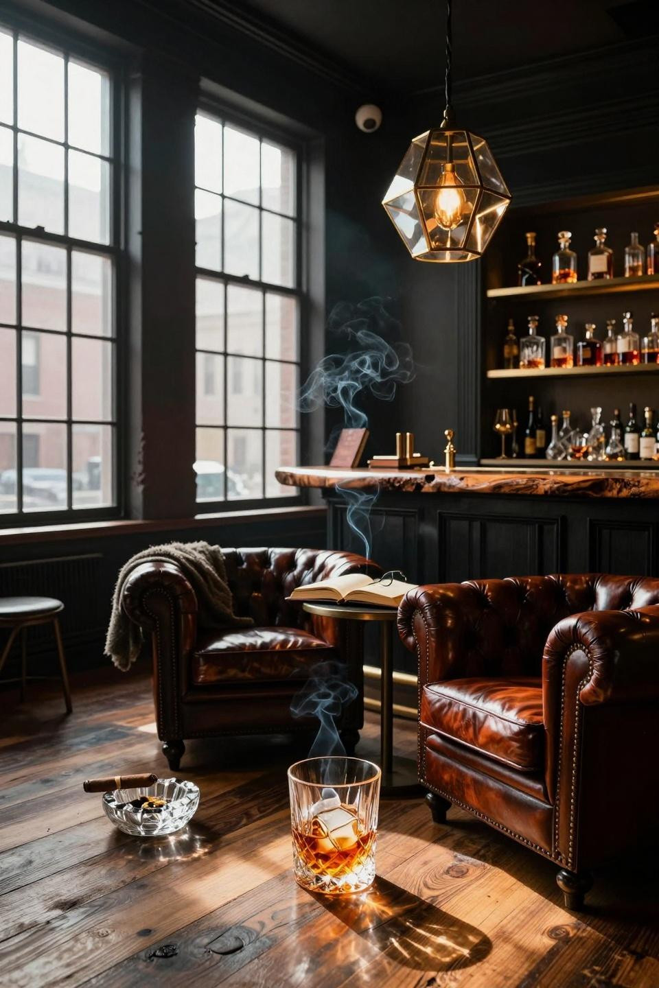 Whiskey lounge home with hunter green walls