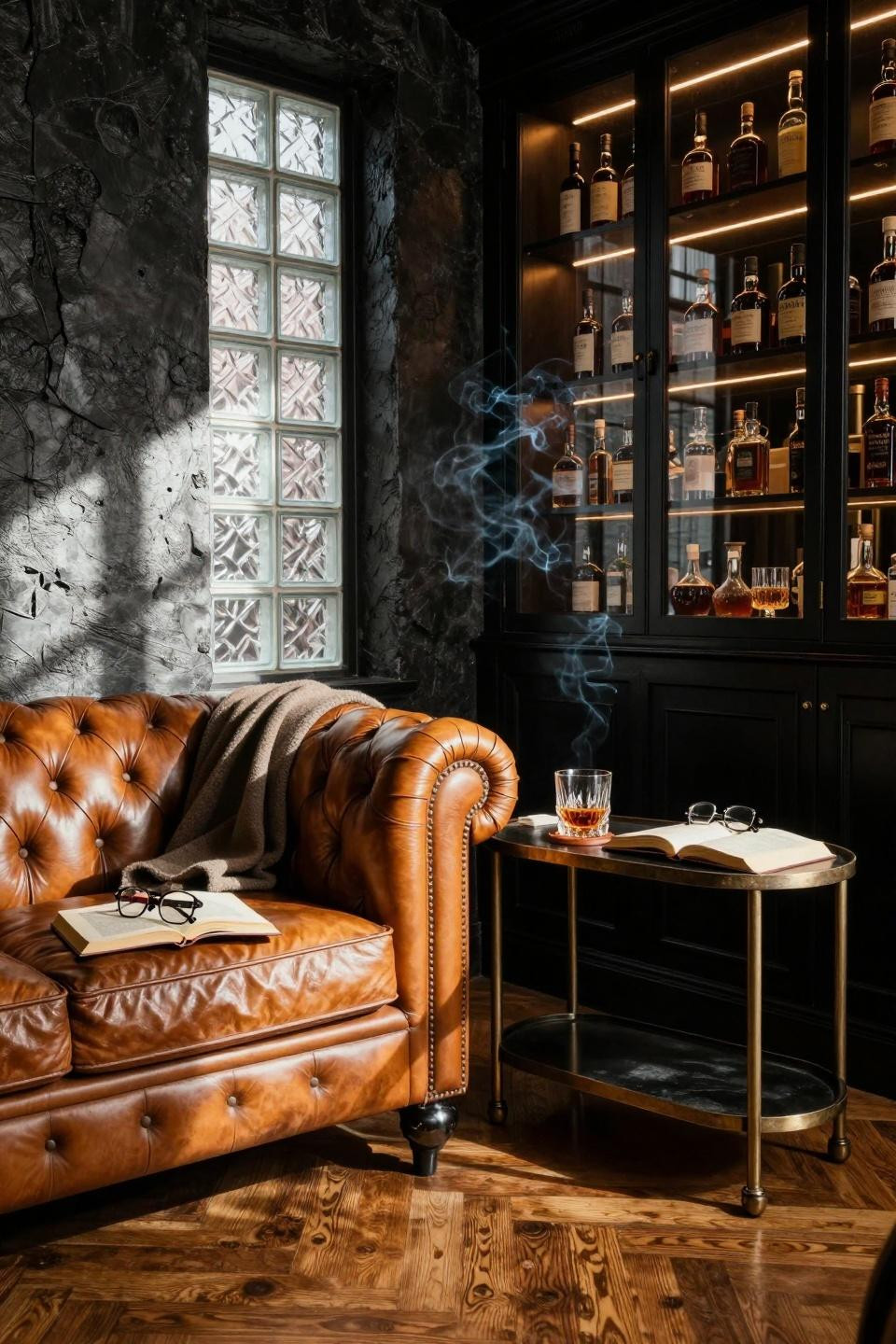 Whiskey lounge home in basement with glass block windows