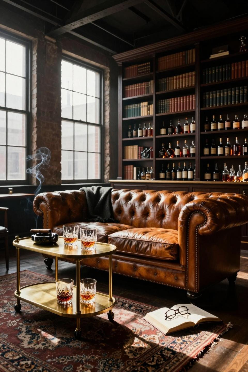 Whiskey lounge home in Tribeca loft with bar cart