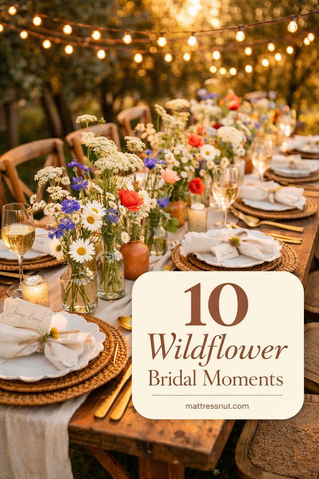 Romantic bridal shower table featuring wildflower centerpieces, soft pink linens, vintage china, and botanical accents