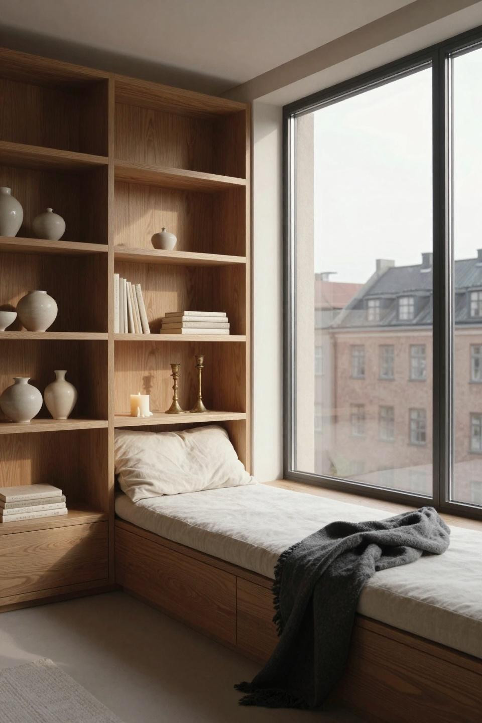 Window Sitting Ideas - window seat with floor-to-ceiling shelving