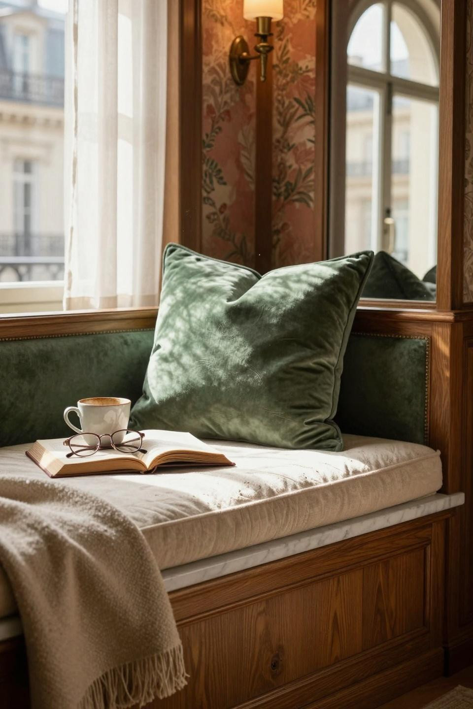 Window Sitting Ideas - velvet window seat in Parisian apartment