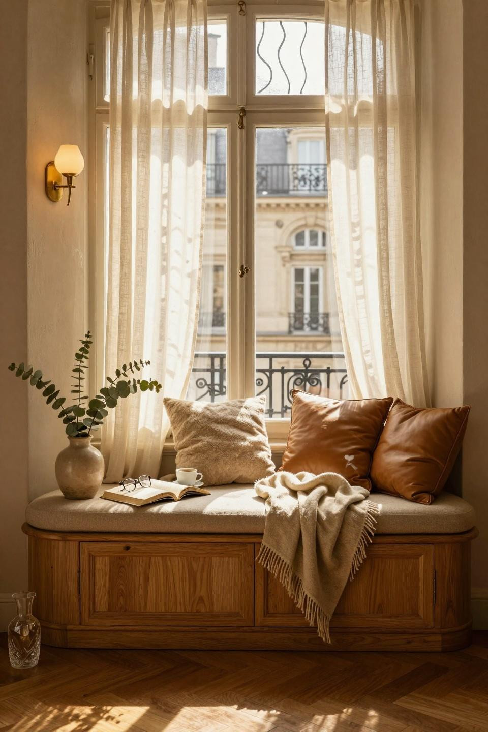Window Sitting Ideas - Parisian window seat with leather cushions