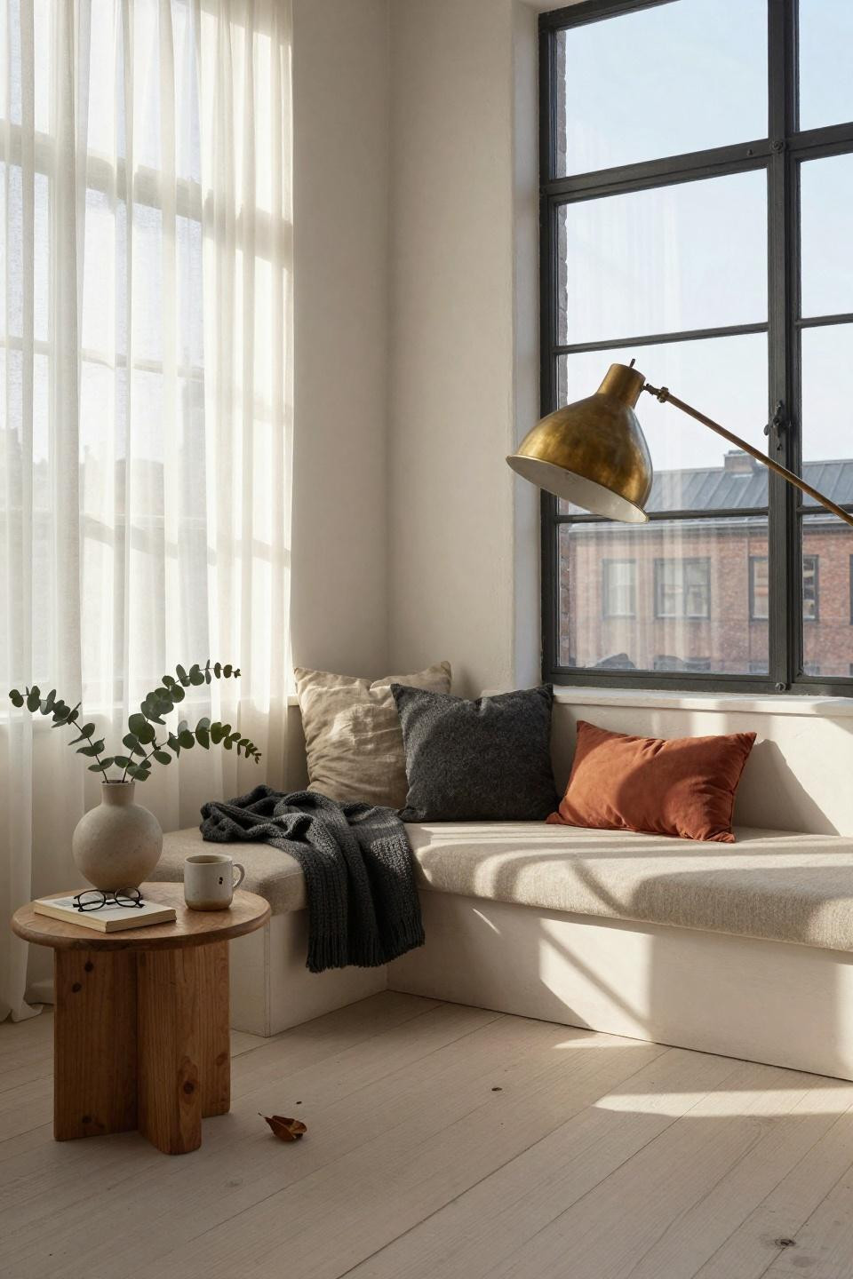 Window Sitting Ideas - Scandinavian window bench with brass lamp