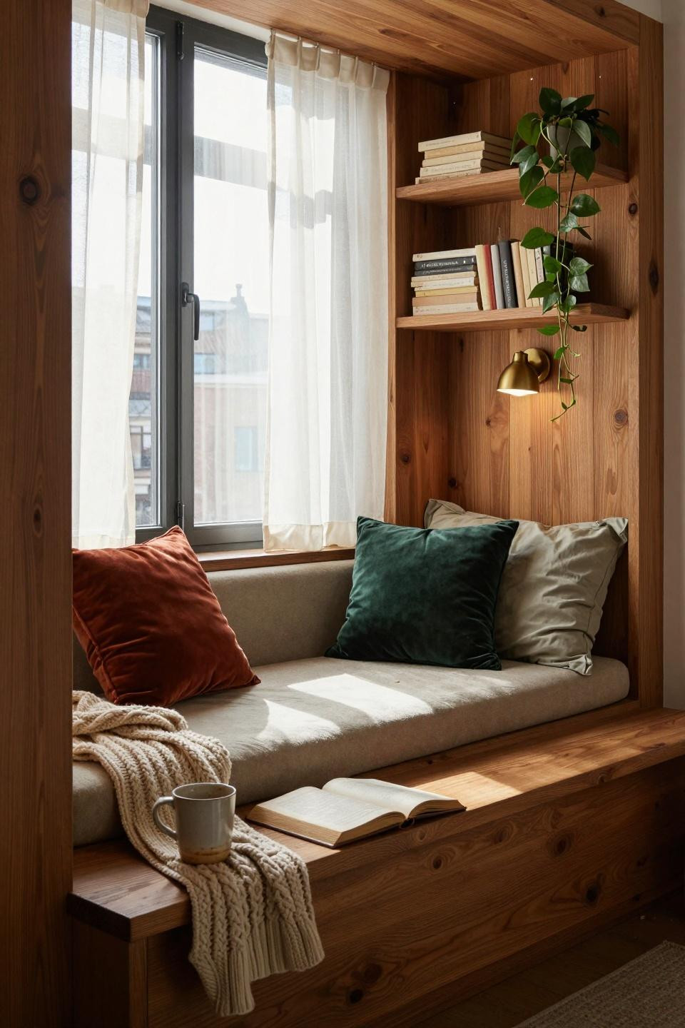 Window Sitting Ideas - bedroom window seat with oak shelving