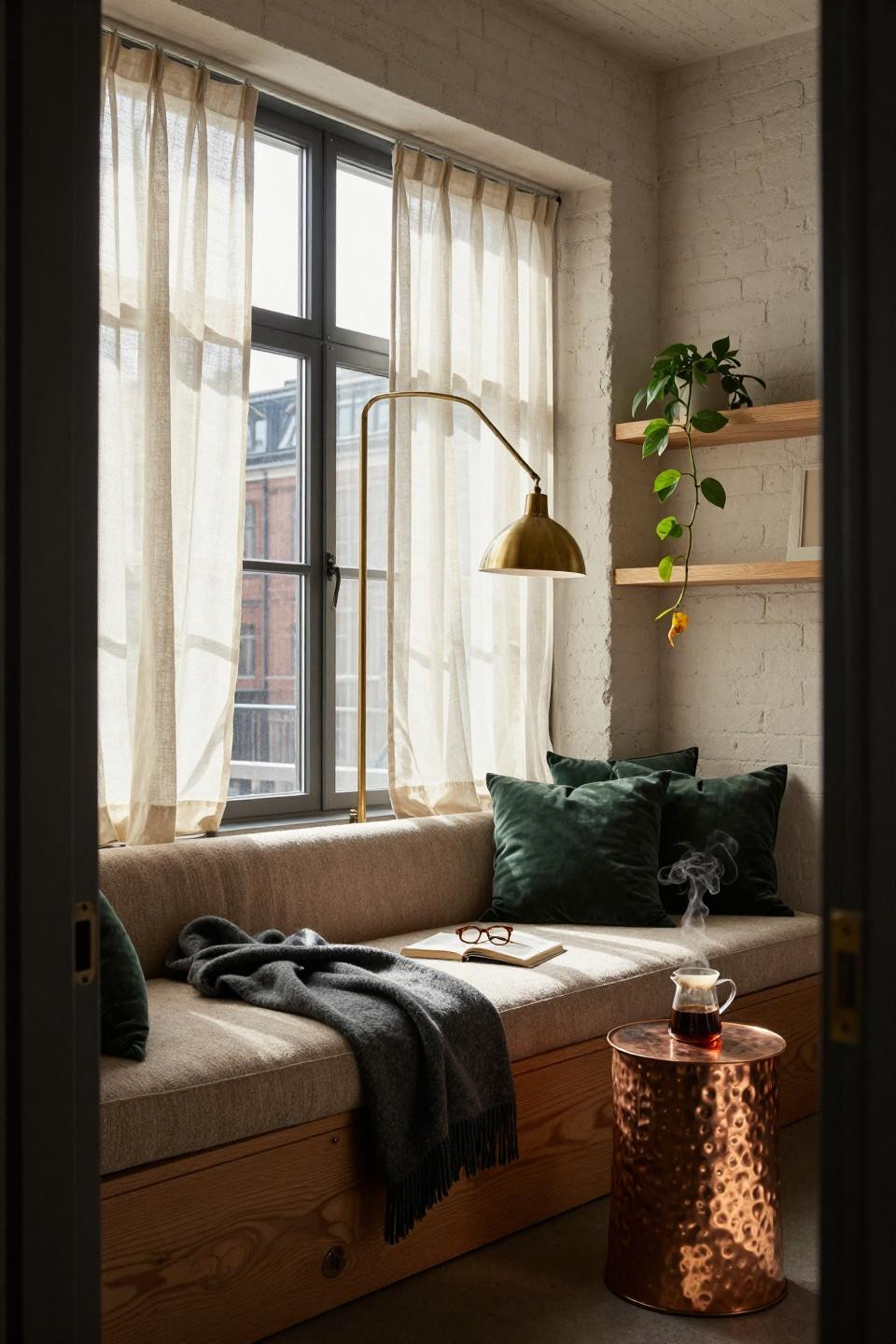 Window Sitting Ideas - loft window nook with metallic accents