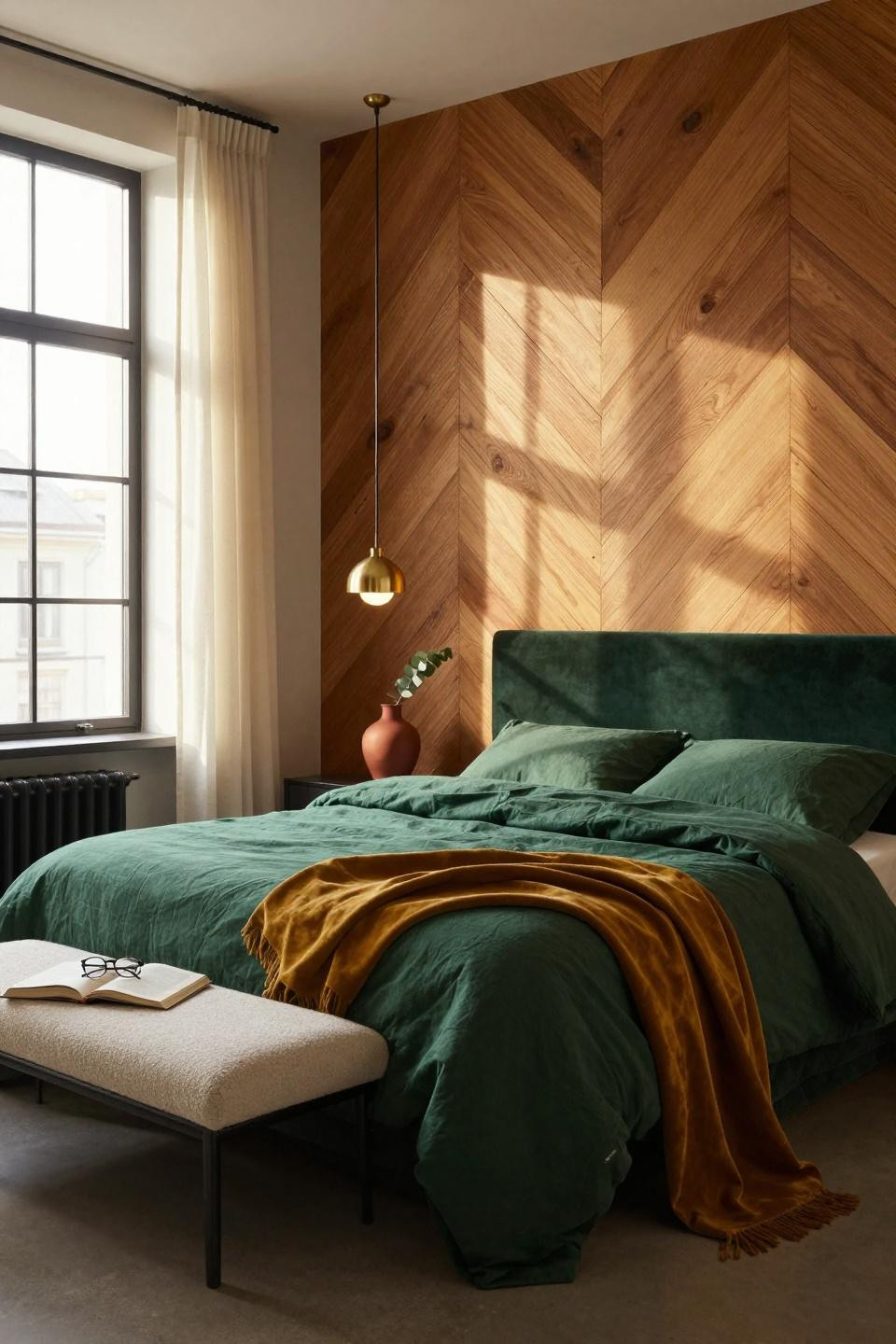 Master Bedrooms With Accent Wall - herringbone wood pattern with green velvet