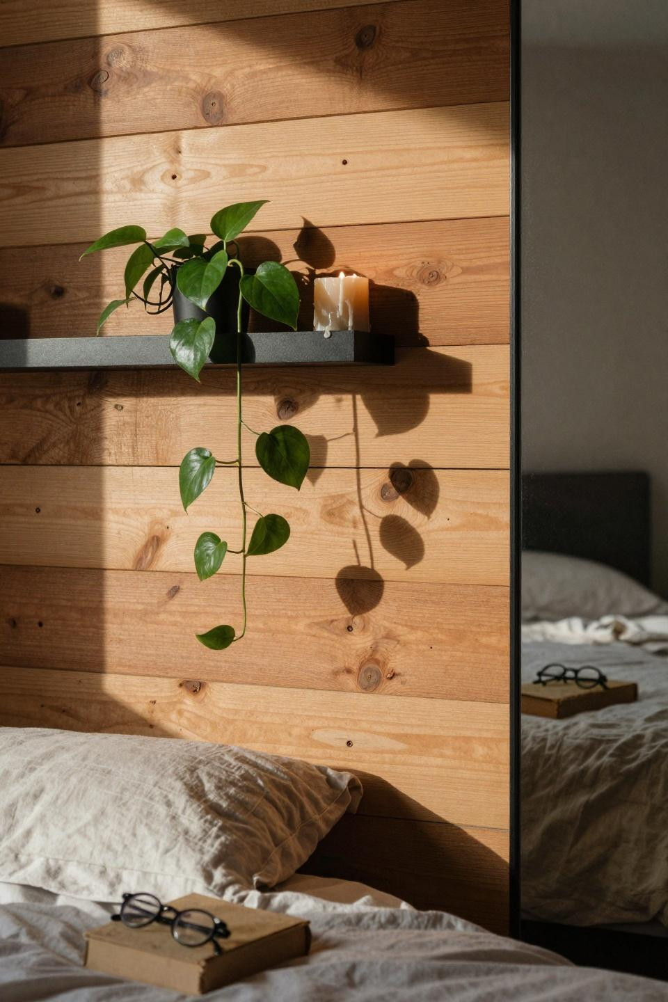 Master Bedrooms With Accent Wall - detailed oak texture with plant detail